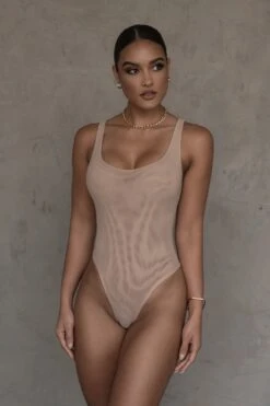 Beige Mesh Essentials Tank Bodysuit Undergarment