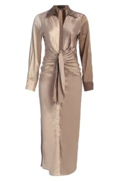 Taupe Color Block Satin Midi Dress -Lady Clothing Store IMG 9839copy