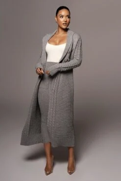 Grey Evana Cable Knit Cardigan -Lady Clothing Store OCT28 56