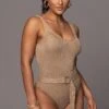 Taupe Juliette Knit Belted One Piece -Lady Clothing Store PRODUCT JAN192023 95
