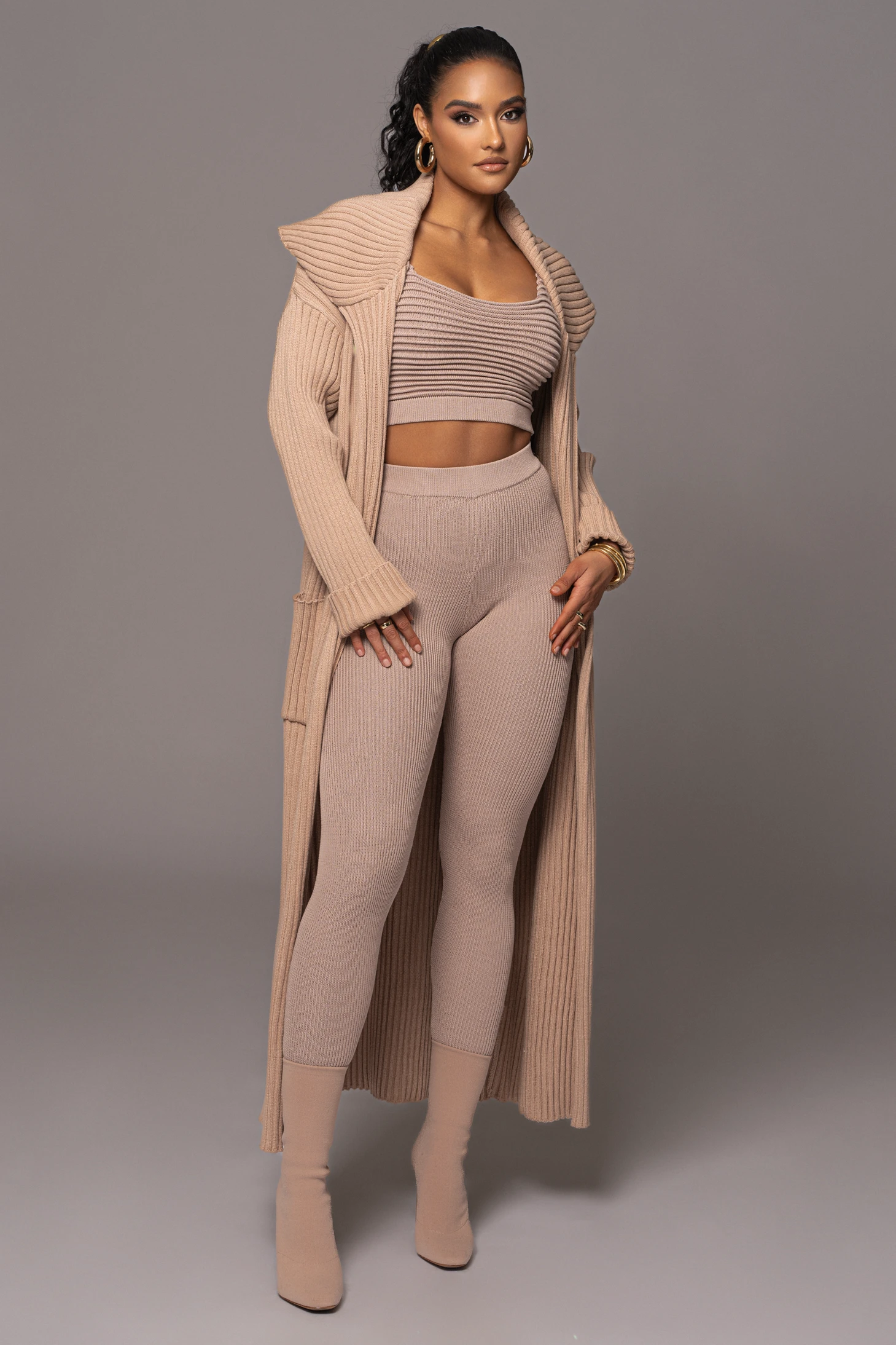 Tan Carmela Rib Knit Cardigan 5 Tan Carmela Rib Knit Cardigan - Image 3