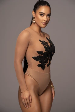 Black Charmed Embroidered Mesh Bodysuit -Lady Clothing Store PRODUCT JAN52023 VDAY 157