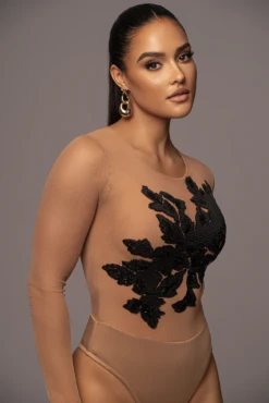 Black Charmed Embroidered Mesh Bodysuit -Lady Clothing Store PRODUCT JAN52023 VDAY 160