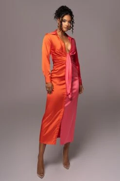 Pink Color Block Satin Midi Dress -Lady Clothing Store PRODUCT JUL112023 NEWARRIVALS 143
