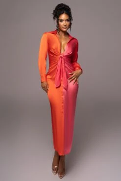 Pink Color Block Satin Midi Dress -Lady Clothing Store PRODUCT JUL112023 NEWARRIVALS 149