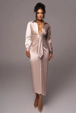 Taupe Color Block Satin Midi Dress -Lady Clothing Store PRODUCT JUL112023 NEWARRIVALS 155