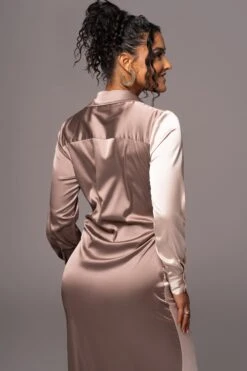 Taupe Color Block Satin Midi Dress -Lady Clothing Store PRODUCT JUL112023 NEWARRIVALS 159
