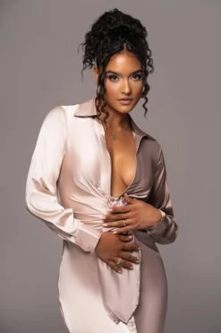 Taupe Color Block Satin Midi Dress -Lady Clothing Store PRODUCT JUL112023 NEWARRIVALS 161