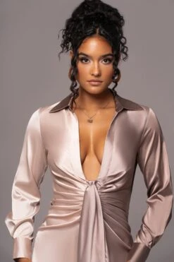 Taupe Color Block Satin Midi Dress -Lady Clothing Store PRODUCT JUL112023 NEWARRIVALS 163