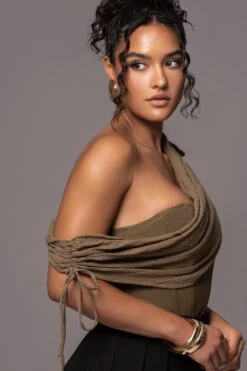 Olive New Obsession Draped Top -Lady Clothing Store PRODUCT JUL132023 CHIFFON 36