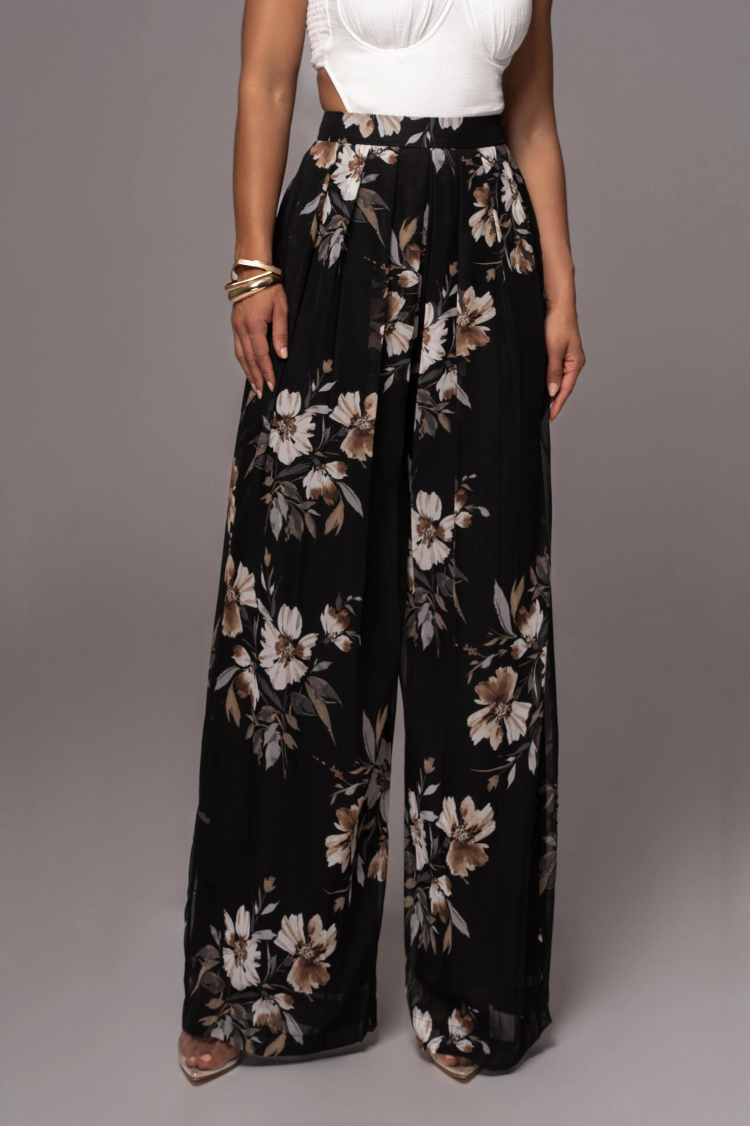 Grey Floral Josette Wide-Leg Pleated Pants 4 Grey Floral Josette Wide-Leg Pleated Pants - Image 2