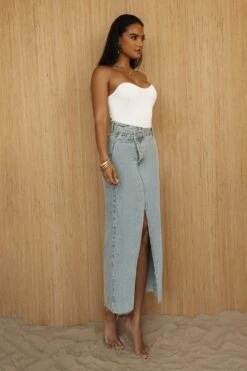 Medium Wash Denim Nila Front Slit Skirt -Lady Clothing Store PRODUCT JUL52023 CROCHET2 108