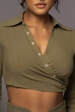 Olive Drift Away Linen Wrap Top -Lady Clothing Store PRODUCT MAY232023 JUNEDROP1 199