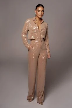 Tan Baguette Sequin Button Up -Lady Clothing Store VDAY2021 PRODUCT 203