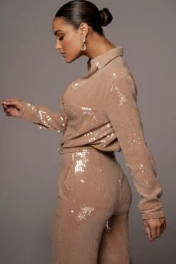 Tan Baguette Sequin Button Up -Lady Clothing Store VDAY2021 PRODUCT 208