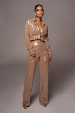 Tan Baguette Sequin Button Up -Lady Clothing Store VDAY2021 PRODUCT 209